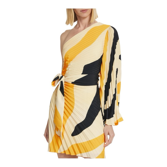 Milly One Shoulder Linden Zebra Pleated Mini Dress Size 8 Beige Yellow Black